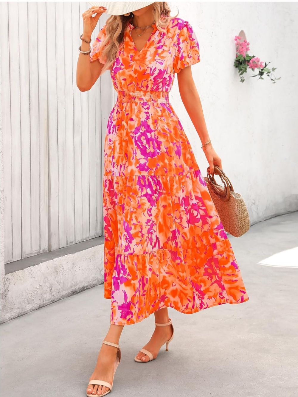 Women's V-Neck Floral Tiered Maxi Dress in Orange and Pink boho cottagecore